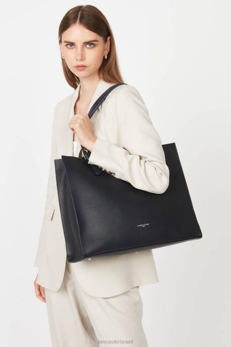 mulheres Lancaster Paris azul fonce-in-argent bolsa tote extra grande foulonne dupla RBF43810